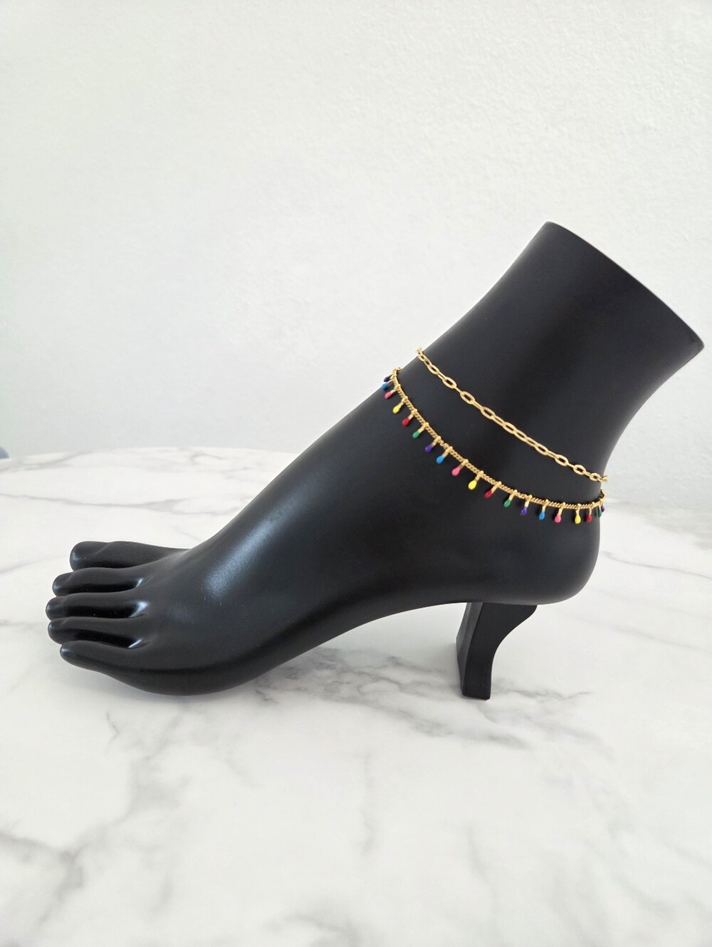 Multicolor Layered Dangle Anklet Colorful Bead Drop Double Chain Beach Jewelry - Picture 3 of 13